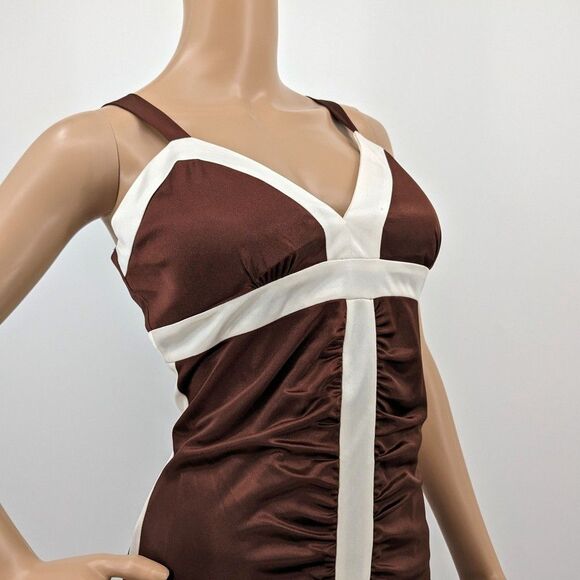 NWT Vintage y2k 2000s Morgan & Co Mini Dress Brown Ruching Mod Size L - Picture 7 of 10